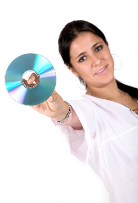 young woman holding a cd rom over white - focus on CD