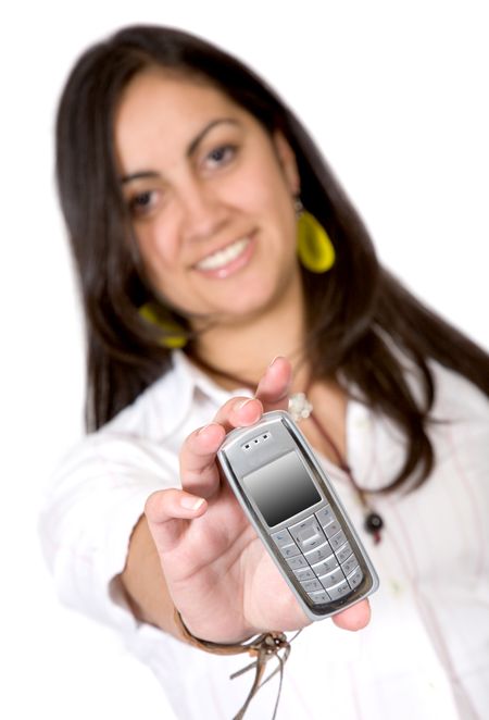 girl showing cell phone over white - focus on phone.