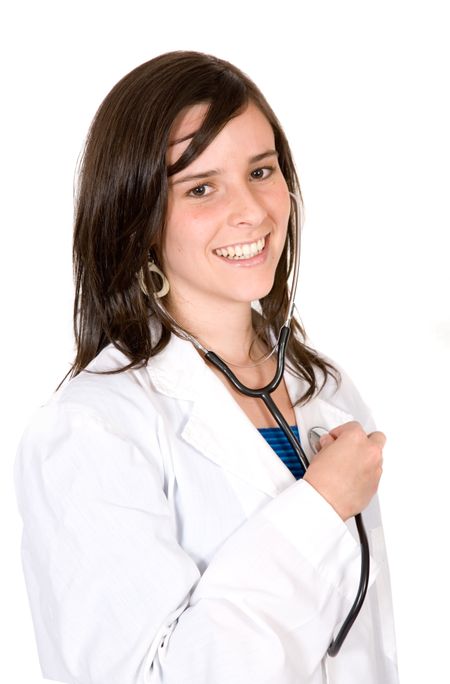 friendly female doctor - heart feeling over white