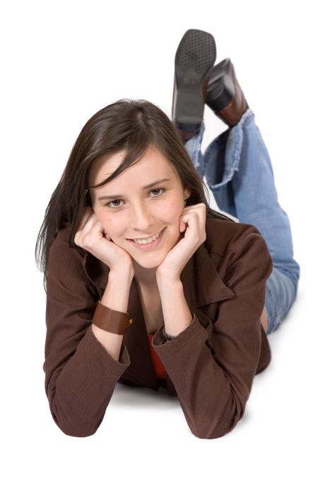 beautiful woman on the floor over white