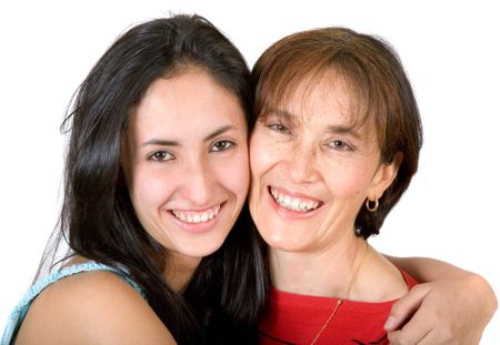 happy mother and daughter over white