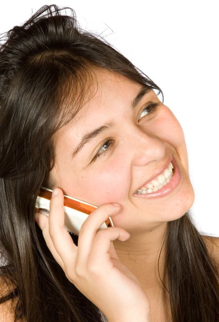 beautiful girl talking on the phone over white with messy hair