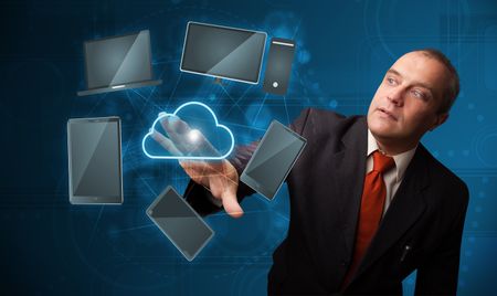 Businessman standing and touching high technology cloud service