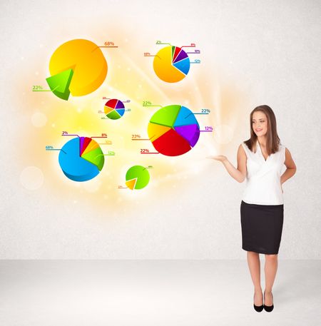 Business woman with colorful graphs and charts concept