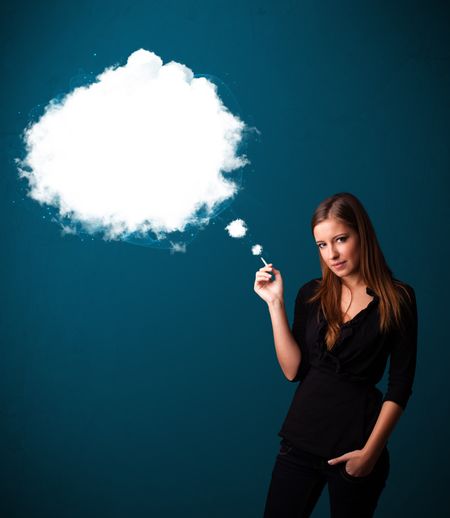 Pretty young woman smoking unhealthy cigarette with dense smoke