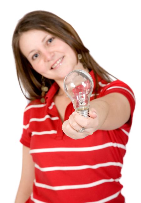 casual girl holding a lightbulb - ideas over white