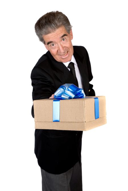 business man offering a gift over white