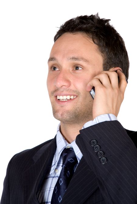 business man with mobile over white