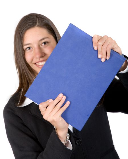 business woman holding a blue folder over white