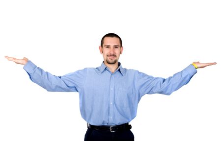business man with arms open hands facing up over white