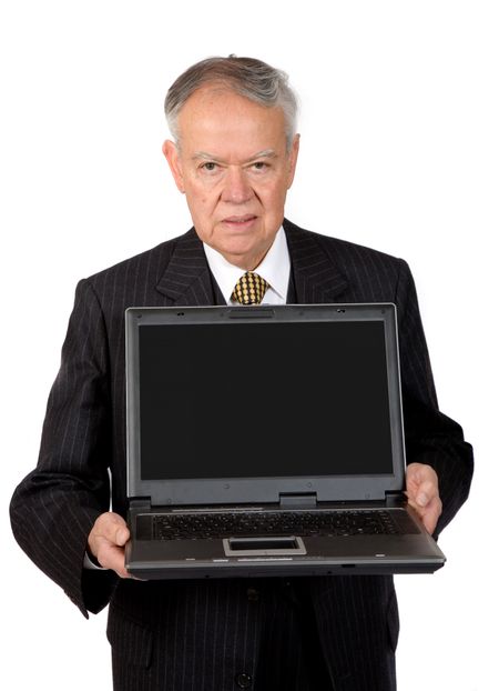 business man with laptop over white background