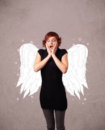 Cute person with angel illustrated wings on grungy background