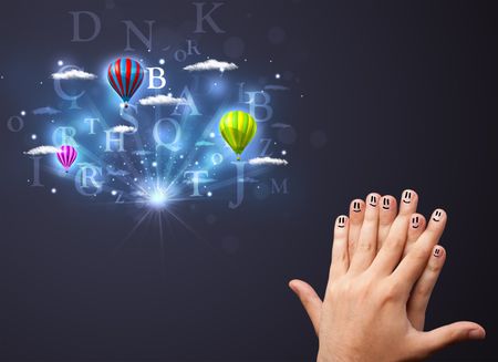 Happy cheerful smiley fingers looking at hot air balloons in the cloudy sky