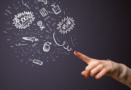 Sketched explosive weapons coming out of gun shaped hands