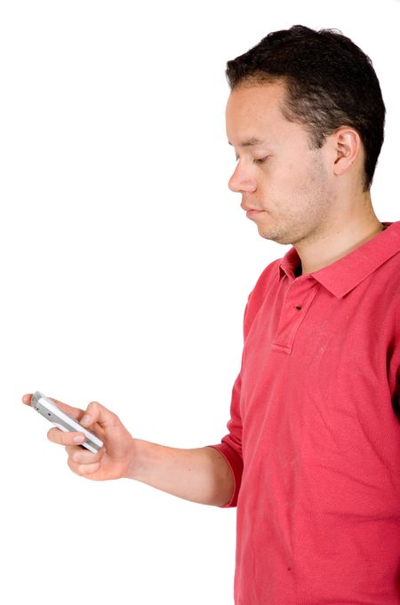 casual guy sending an sms over white