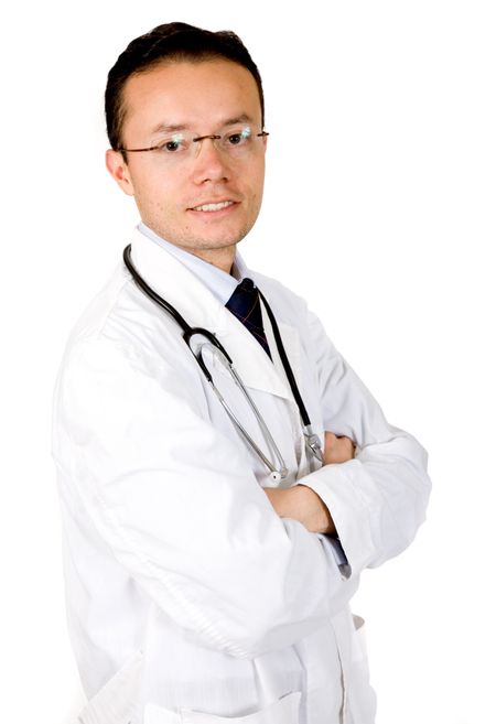 friendly male doctor over white