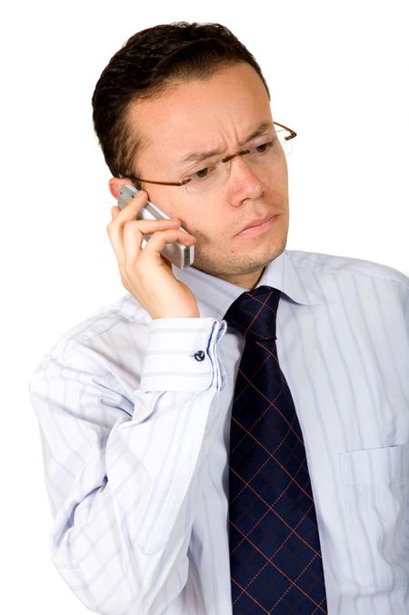business call - angry face over white background