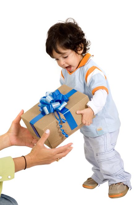 child receiving a gift over white