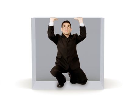 business man inside a virtual cage over white