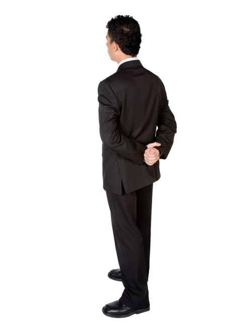 business man from the back - looking at something over a white background