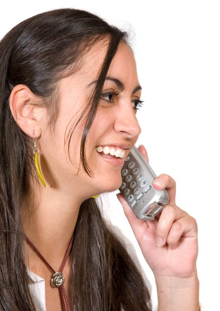 beautiful girl talking on the phone over white