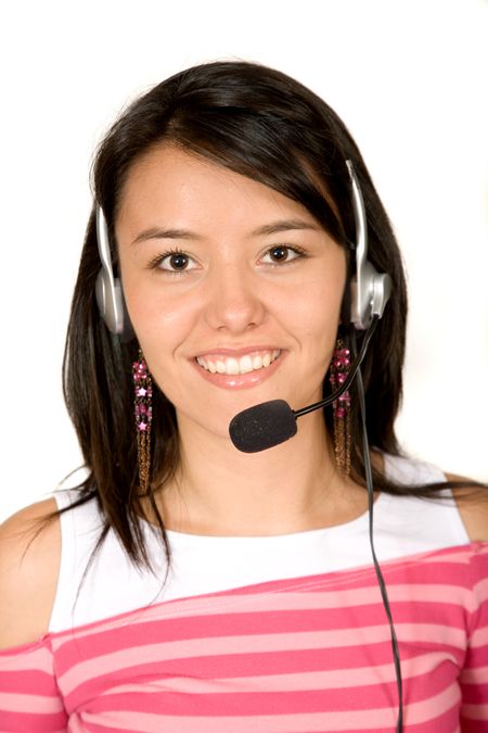 Beautiful Customer Support Girl over white in pink clothes