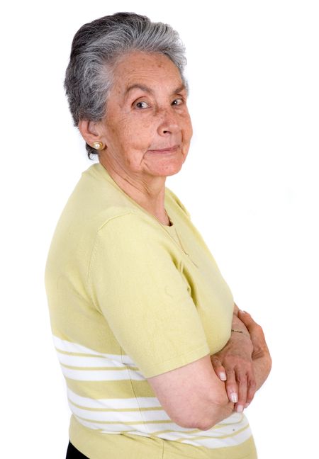 happy elderly woman over a white background