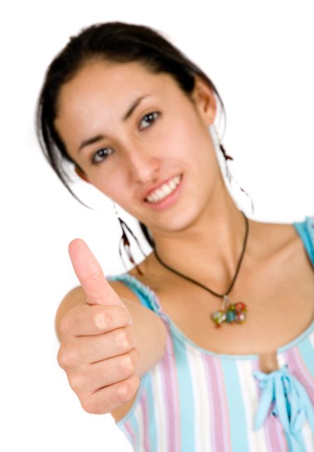 girl thumbs up over a white background