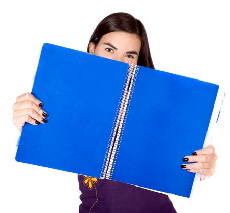 beautiful student over white holding a blue notebook
