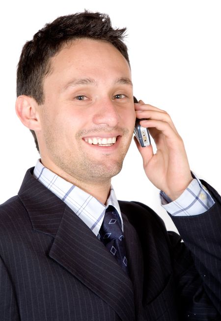 business man on the phone smiling over a white background