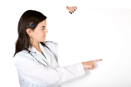 friendly female doctor over white pointing at a white card