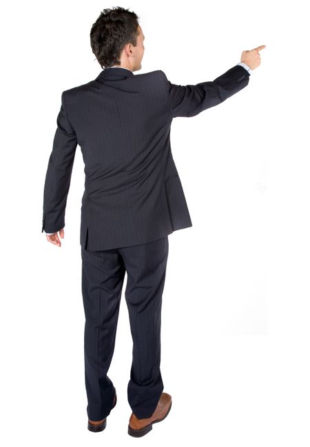 business man pointing at something over white