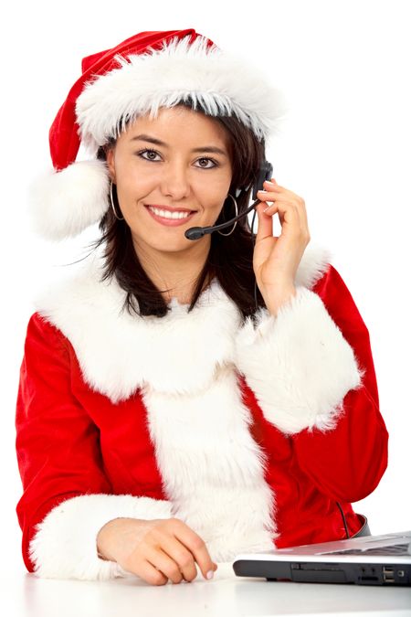 Christmas customer services girl smiling - isolated over a white background