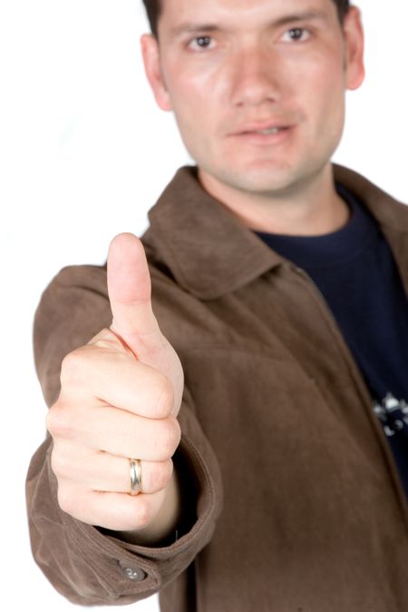 casual positive guy with his thumb up over white