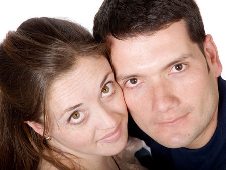 close up of a couple with faces together over white