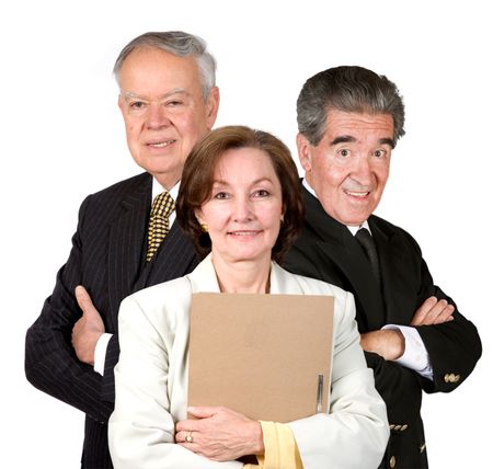 business woman leading a three people senior business team over a white background