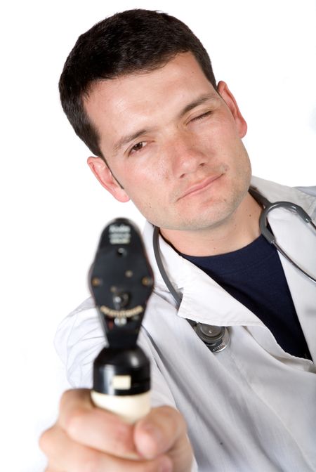 male eye doctor over a white background