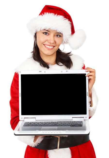 christmas girl displaying a laptop computer - isolated over a white background