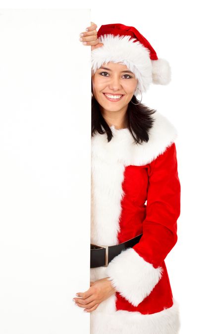 christmas woman holding an add - isolated over a white background