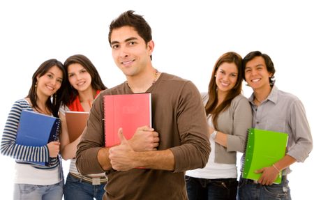 group of students smiling isolated over a white background