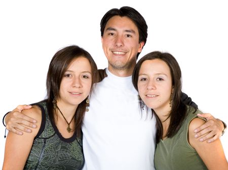 casual guy with twin sisters over a white background
