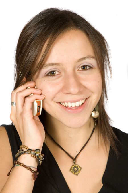 beautiful girl talking on the phone over white