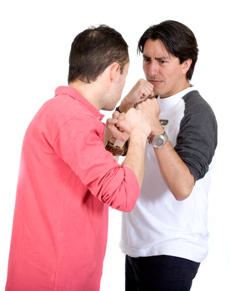 casual guys fighting over a white background