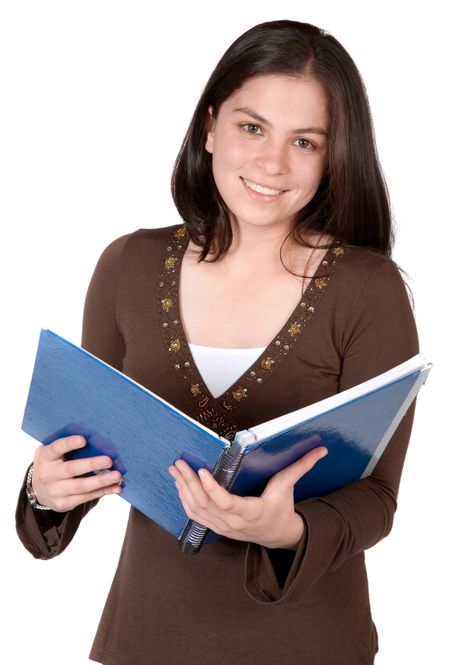 beautiful student hugging a cyan notebook over white background
