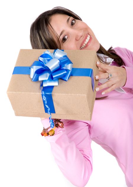 casual girl with a gift over a white background