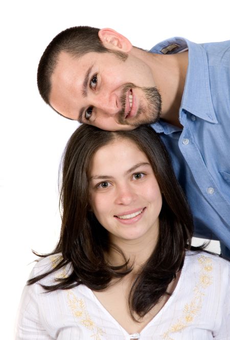 couple with faces together over a white background