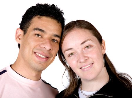 couple with faces together and smiling over a white background