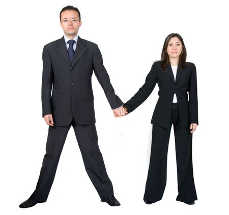 business partners holding hands over a white background