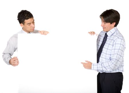business men presenting something on a white card over a white background