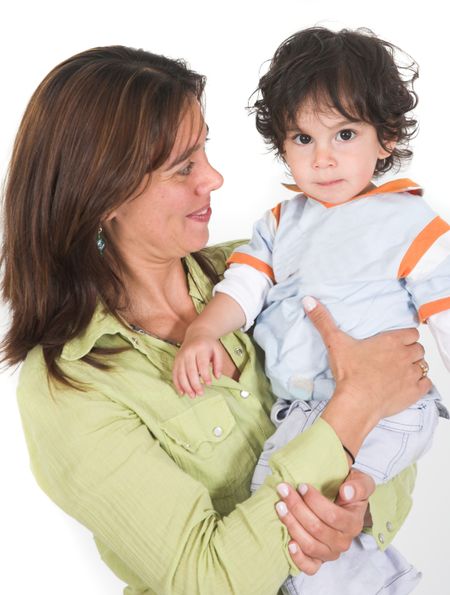 boy and his mum over a white background